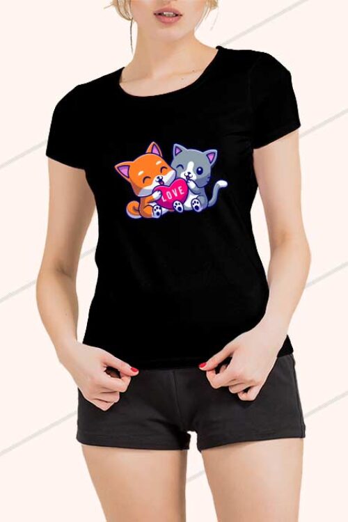 Kitty Dog Love T-Shirt for Woman Black