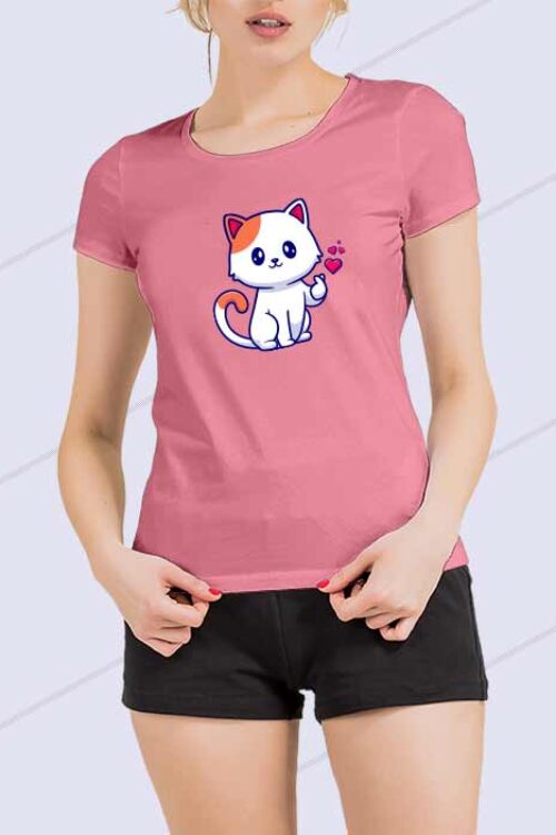 Cat With Heart T-Shirt for Woman Pink